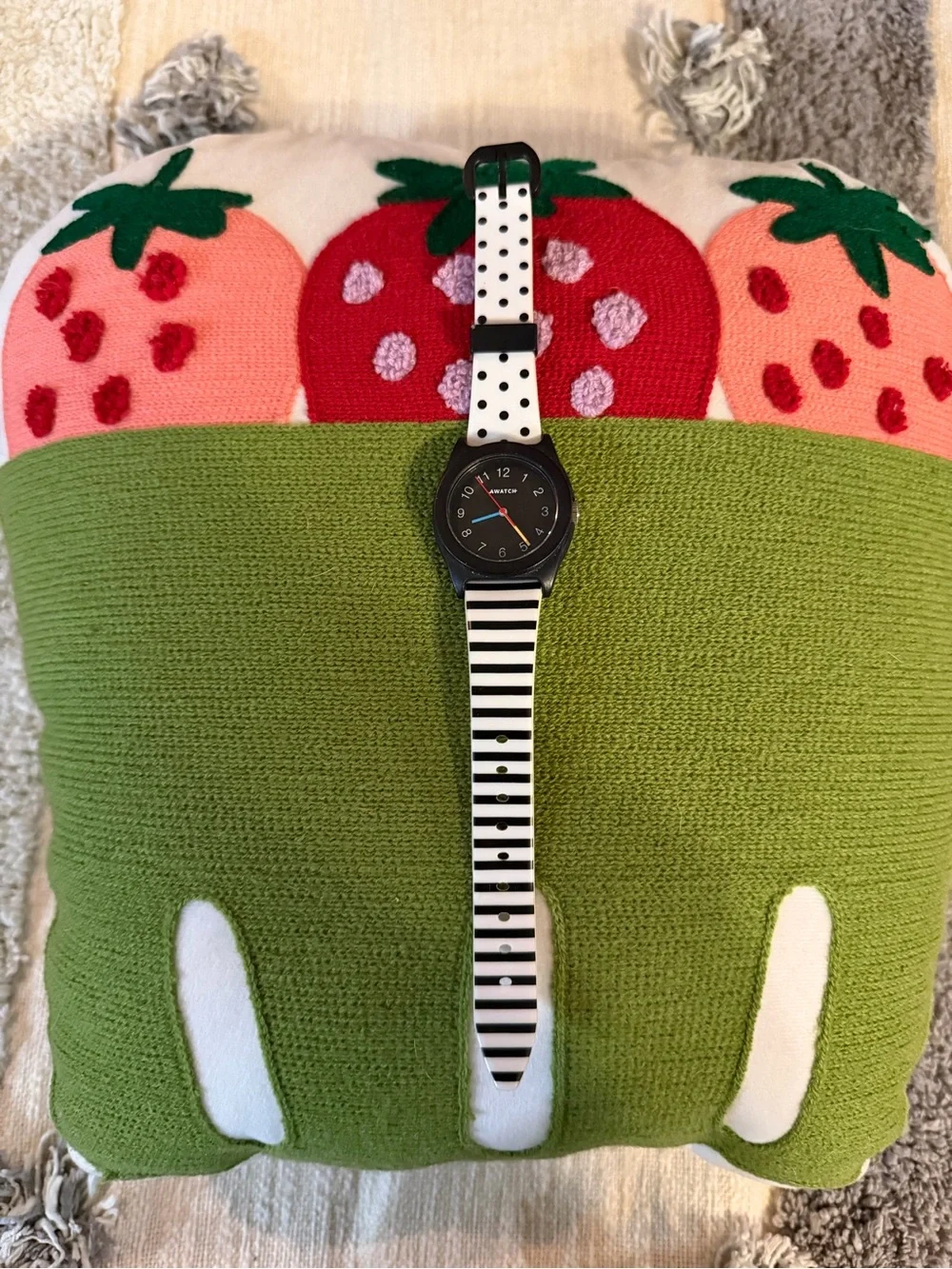 AWATCH- Black Dial Watch with Black & White Striped/Polka Dot Strap